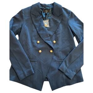 NWT G by Giuliana Blazer Sz XS Blue Double Breasted Peak Lapel Gold Buttons Coat